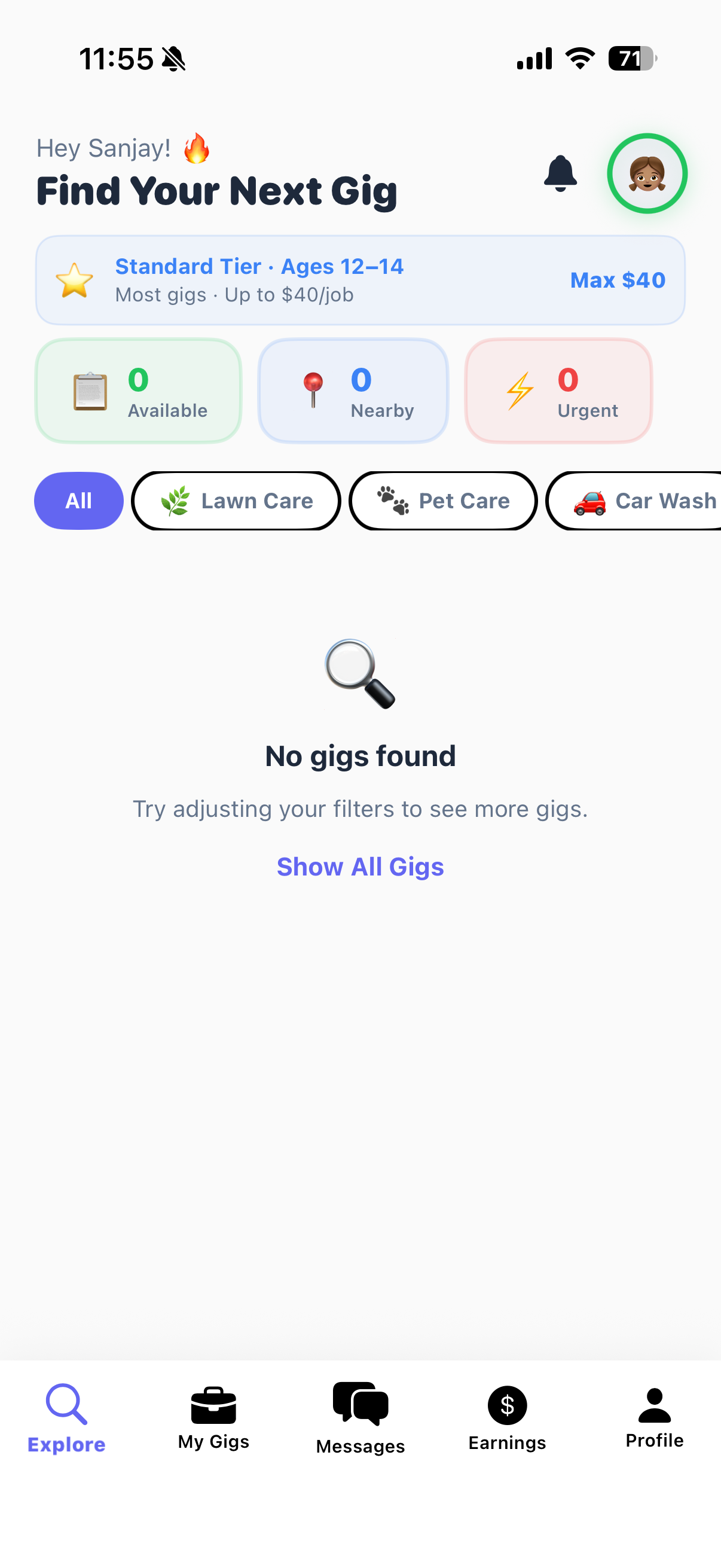 allgiggs explore screen showing gig categories and age tier for kids